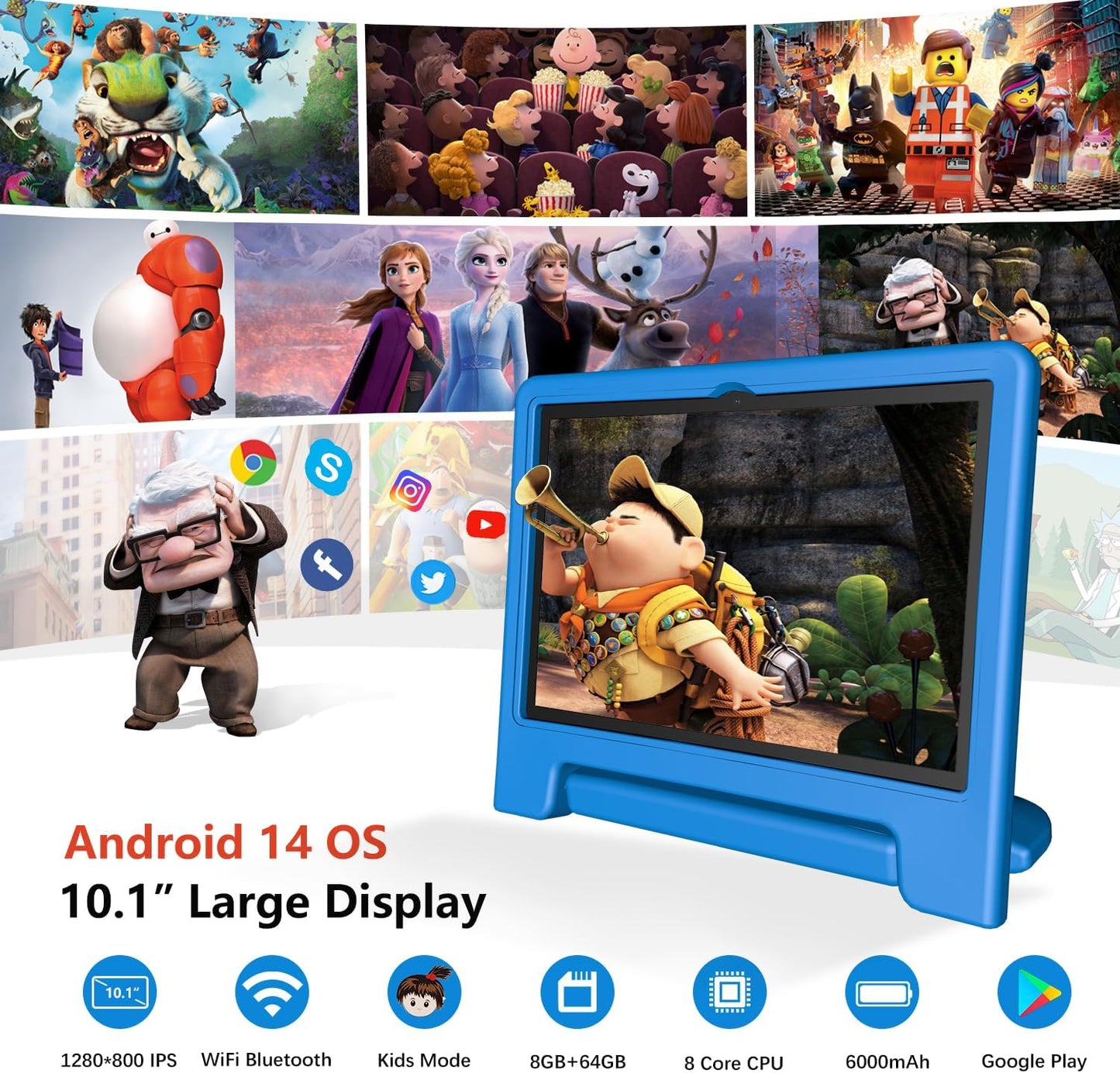 Dluxe Ave.ITDULCET Kids Tablet 10 inch Android 14 Tablet for Kids 8GB RAM 64GB ROM Octa-Core Fast-Charging Battery Toddler Tablet with Shockproof Case Bluetooth WiFi Parental Control Dual Camera GPS