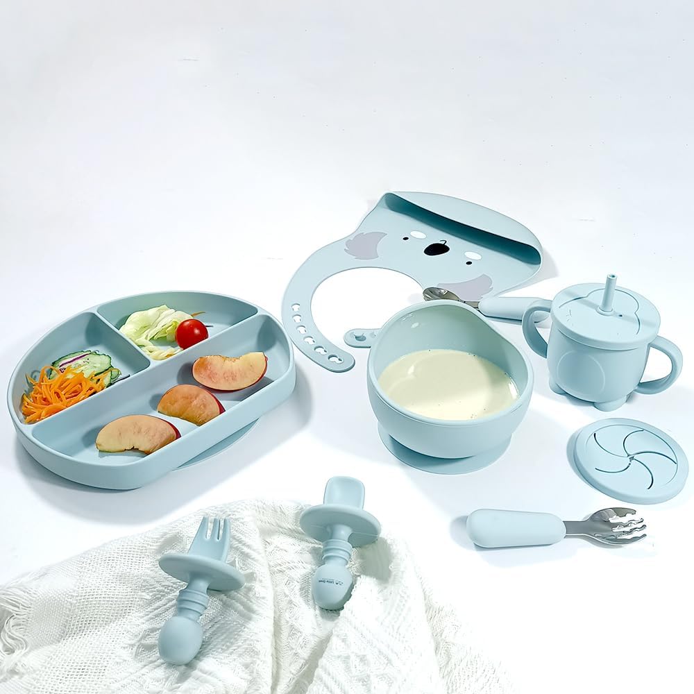 Dluxe Ave.Silicone Baby Feeding Set Baby Led Weaning Supplies with Suction Bowl Divided Plate Toddler Self Feeding Dish Set with Spoons Forks Sippy Cup Adjustable Bib Eating Utensils (Blue)