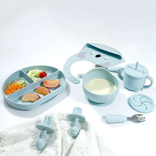 Dluxe Ave.Silicone Baby Feeding Set Baby Led Weaning Supplies with Suction Bowl Divided Plate Toddler Self Feeding Dish Set with Spoons Forks Sippy Cup Adjustable Bib Eating Utensils (Blue)