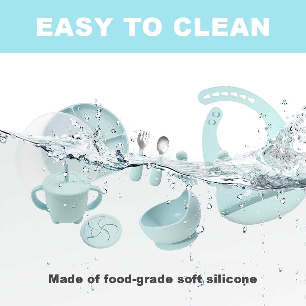 Dluxe Ave.Silicone Baby Feeding Set Baby Led Weaning Supplies with Suction Bowl Divided Plate Toddler Self Feeding Dish Set with Spoons Forks Sippy Cup Adjustable Bib Eating Utensils (Blue)