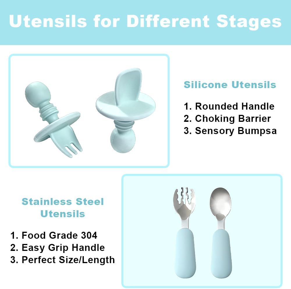 Dluxe Ave.Silicone Baby Feeding Set Baby Led Weaning Supplies with Suction Bowl Divided Plate Toddler Self Feeding Dish Set with Spoons Forks Sippy Cup Adjustable Bib Eating Utensils (Blue)