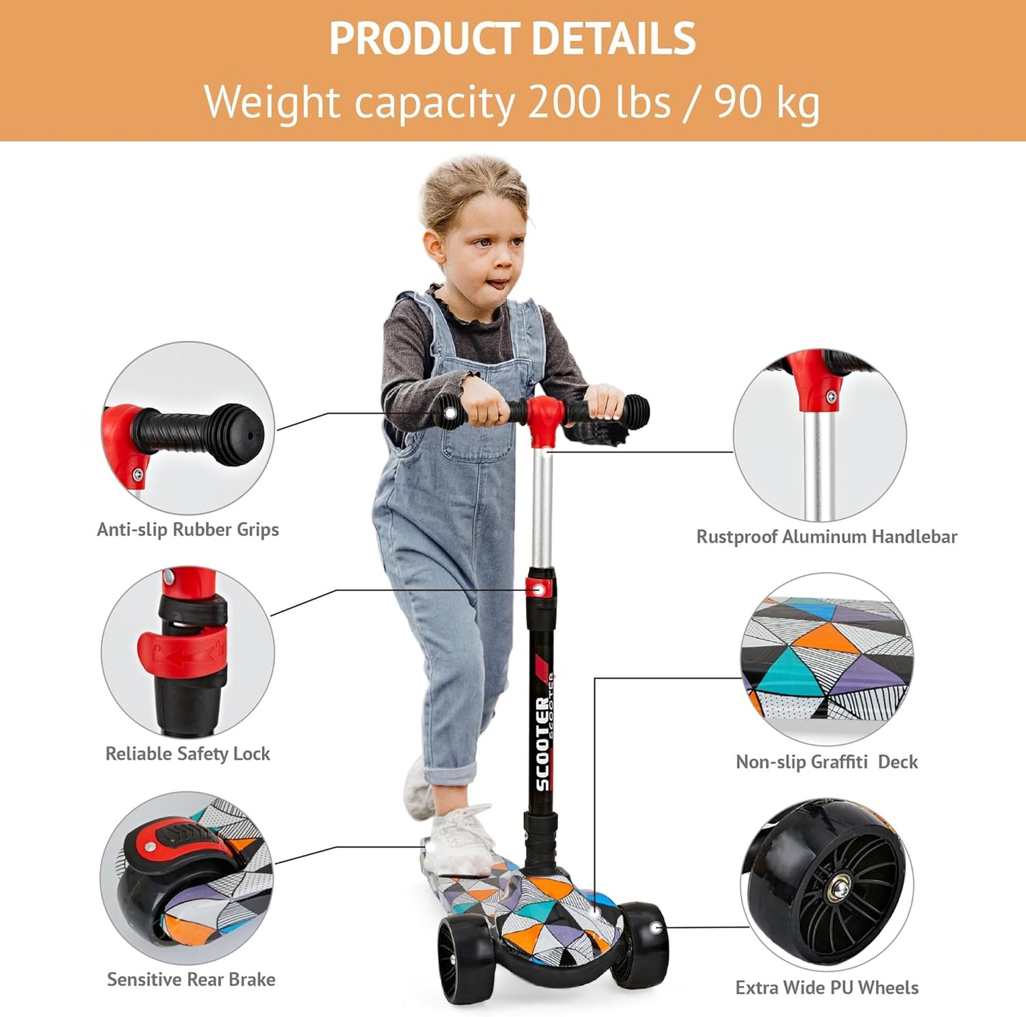 Dluxe Ave. Scooter for Kids Ages 3-12 Foldable Kick Scooter with Extra Wide PU Light-up Wheels Height Adjustable 3 Wheel Scooter for Boys & Girls - Up to 220 lbs