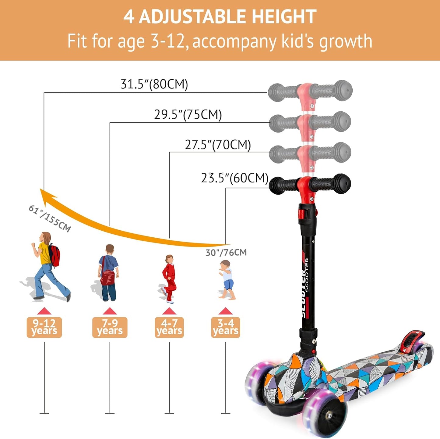 Dluxe Ave. Scooter for Kids Ages 3-12 Foldable Kick Scooter with Extra Wide PU Light-up Wheels Height Adjustable 3 Wheel Scooter for Boys & Girls - Up to 220 lbs