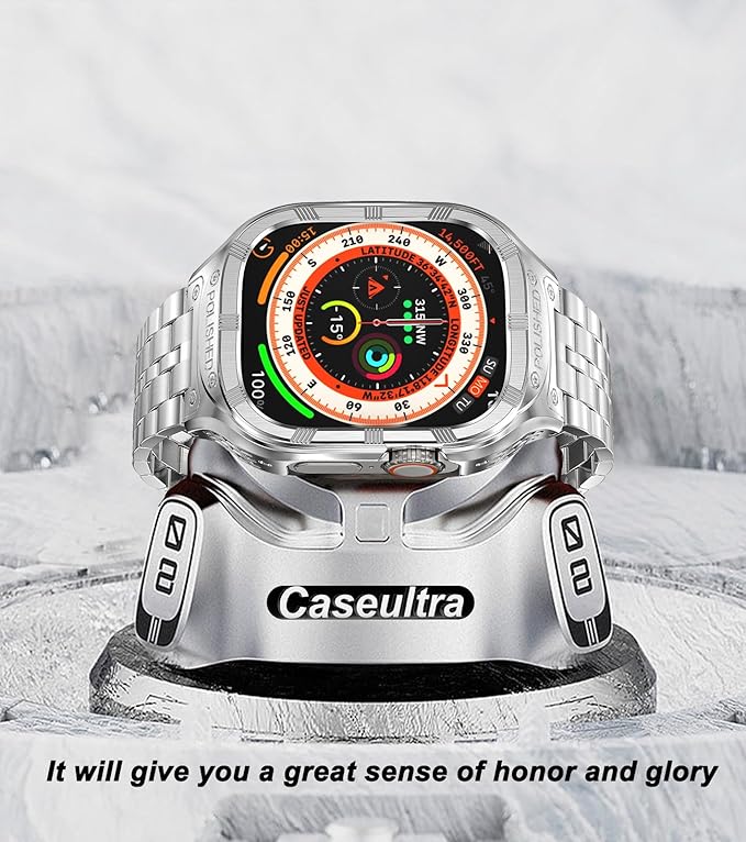 Dluxe Ave. San Jeirie Stainless Steel Case and Band Compatible for Apple Watch Ultra/Ultra 2 Band 49mmRugged Apple Watch Ultra 1/2 Case with Metal iWatch Ultra Strap for Men (5-Silver 49mm (Ultra 1/2))