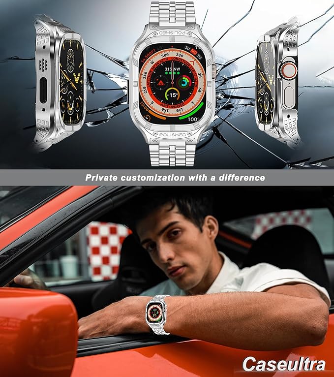 Dluxe Ave. San Jeirie Stainless Steel Case and Band Compatible for Apple Watch Ultra/Ultra 2 Band 49mmRugged Apple Watch Ultra 1/2 Case with Metal iWatch Ultra Strap for Men (5-Silver 49mm (Ultra 1/2))