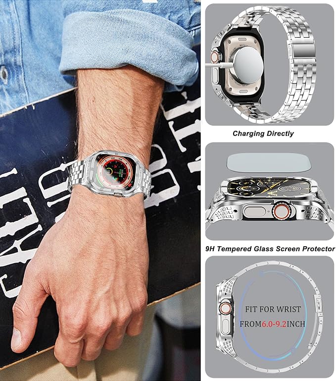 Dluxe Ave. San Jeirie Stainless Steel Case and Band Compatible for Apple Watch Ultra/Ultra 2 Band 49mmRugged Apple Watch Ultra 1/2 Case with Metal iWatch Ultra Strap for Men (5-Silver 49mm (Ultra 1/2))