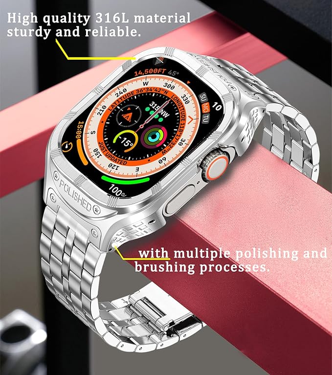 Dluxe Ave. San Jeirie Stainless Steel Case and Band Compatible for Apple Watch Ultra/Ultra 2 Band 49mmRugged Apple Watch Ultra 1/2 Case with Metal iWatch Ultra Strap for Men (5-Silver 49mm (Ultra 1/2))