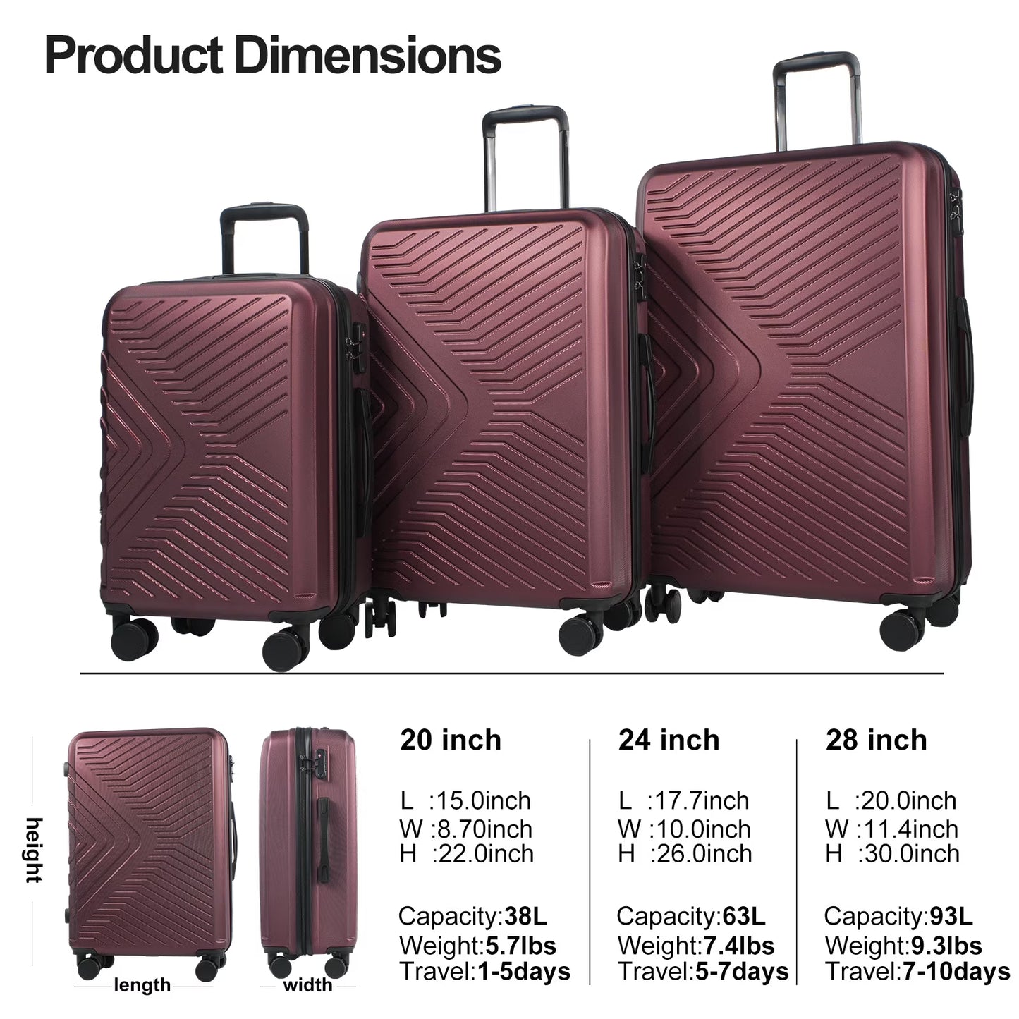Dluxe Ave. Luggage Sets Expandable Hardside/3 Pcs/ Spinner Wheels/ TSA Lock/(Burgundy)