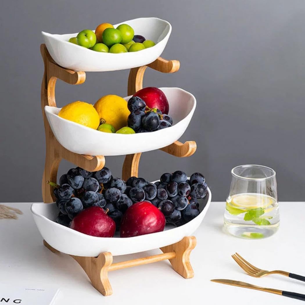 Dluxe Ave. 3 Tier Ceramic Storage with Bamboo Wood/ Porcelain (White)