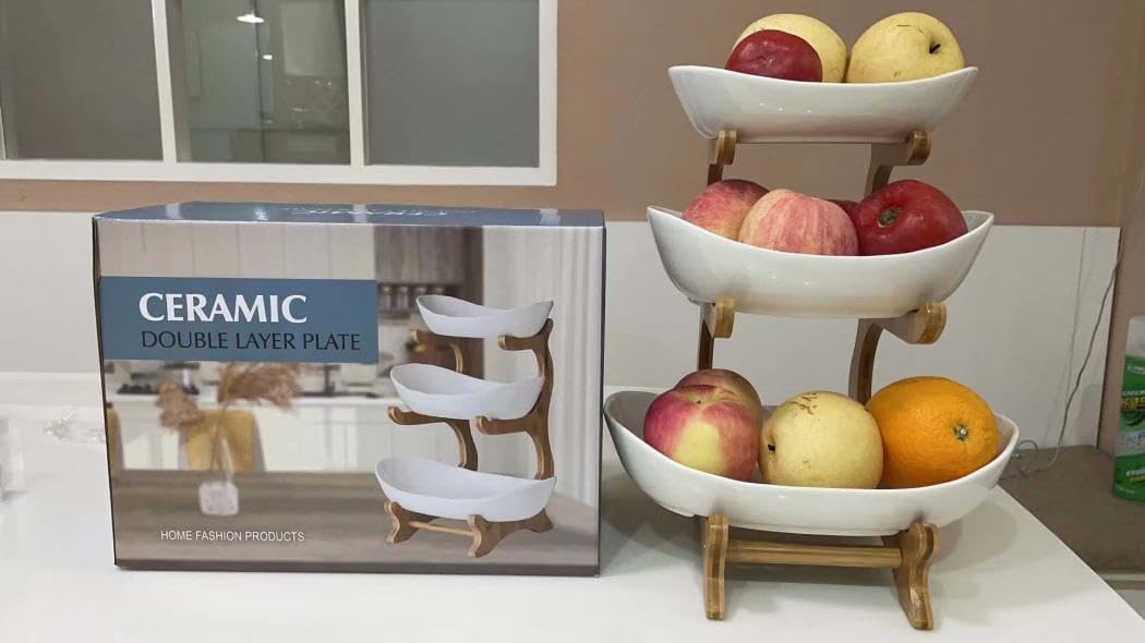 Dluxe Ave. 3 Tier Ceramic Storage with Bamboo Wood/ Porcelain (White)