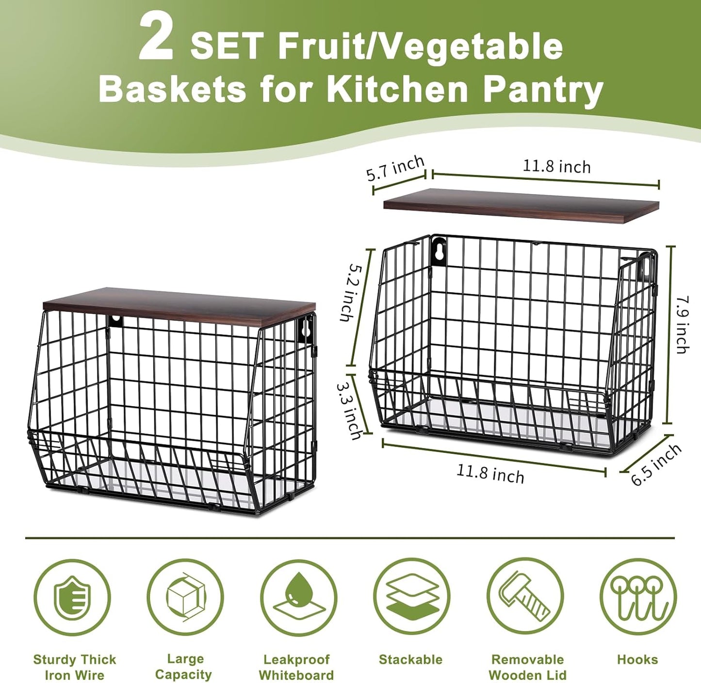 Dluxe Ave.  2 Tier Stackable Wall Mounted Hanging Wire Baskets with Wood Lid/ 4 Banana Hanger Hooks