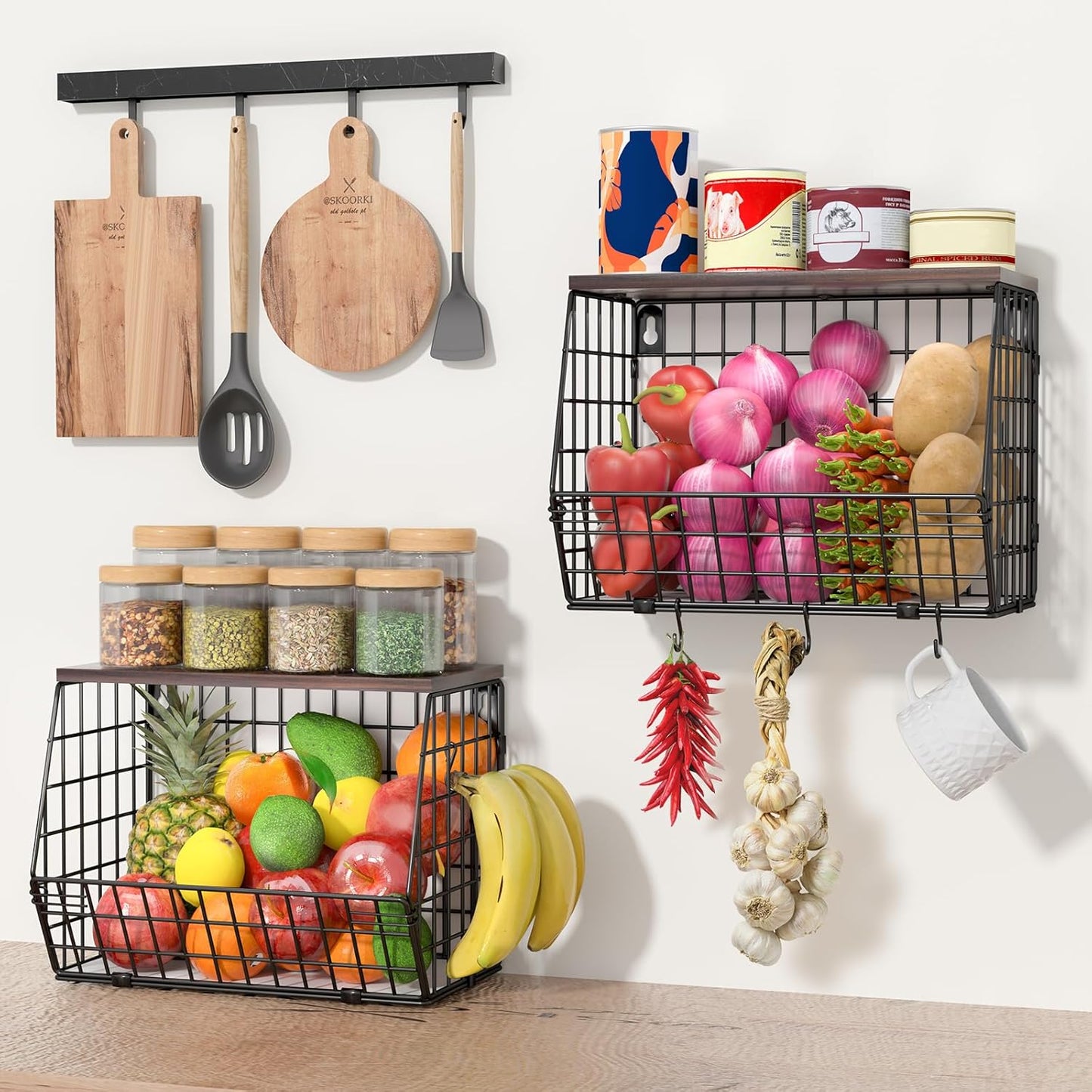 Dluxe Ave.  2 Tier Stackable Wall Mounted Hanging Wire Baskets with Wood Lid/ 4 Banana Hanger Hooks