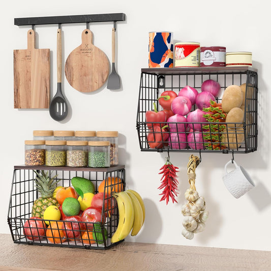 Dluxe Ave.  2 Tier Stackable Wall Mounted Hanging Wire Baskets with Wood Lid/ 4 Banana Hanger Hooks