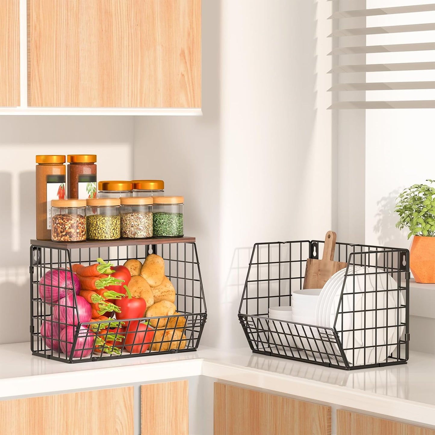 Dluxe Ave.  2 Tier Stackable Wall Mounted Hanging Wire Baskets with Wood Lid/ 4 Banana Hanger Hooks