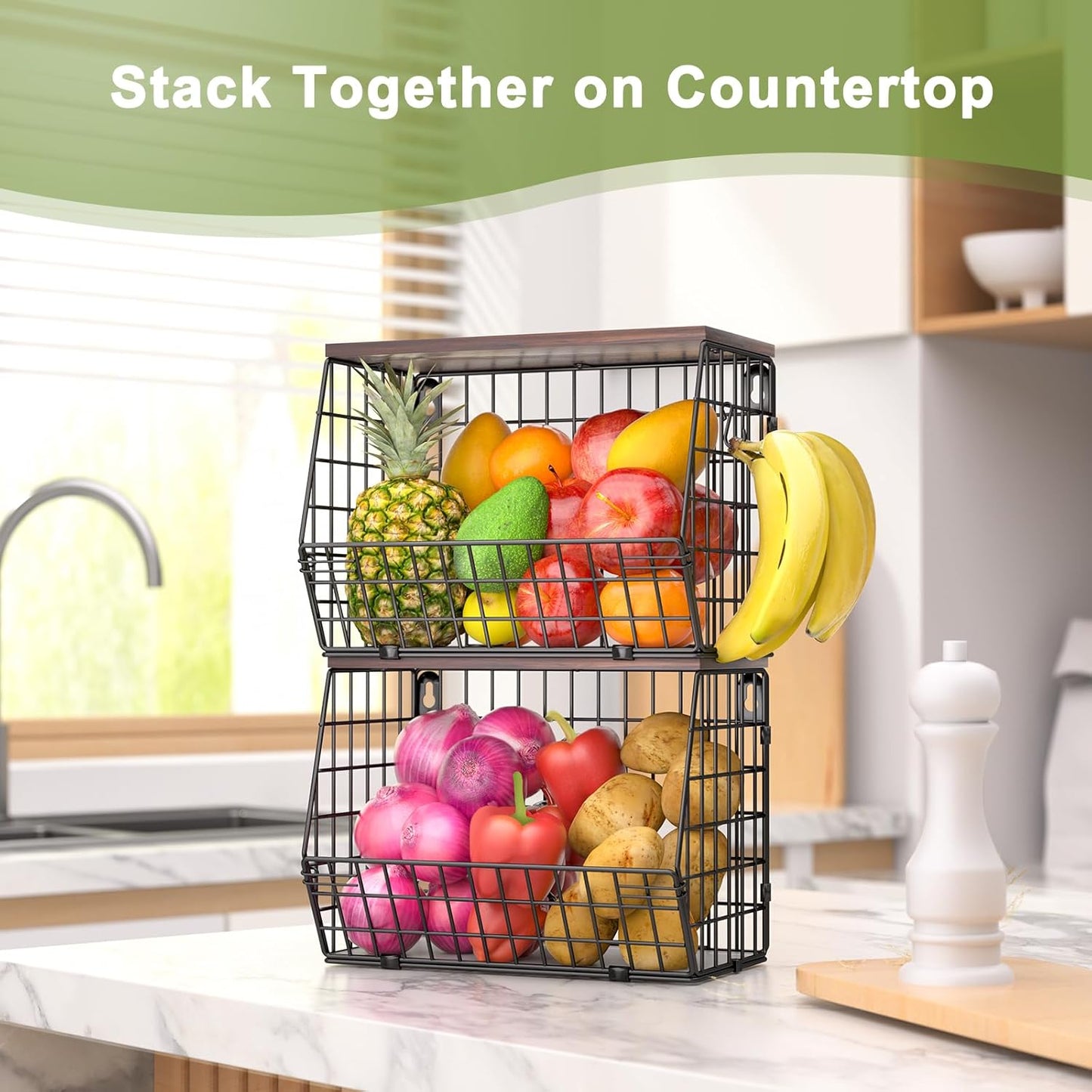 Dluxe Ave.  2 Tier Stackable Wall Mounted Hanging Wire Baskets with Wood Lid/ 4 Banana Hanger Hooks