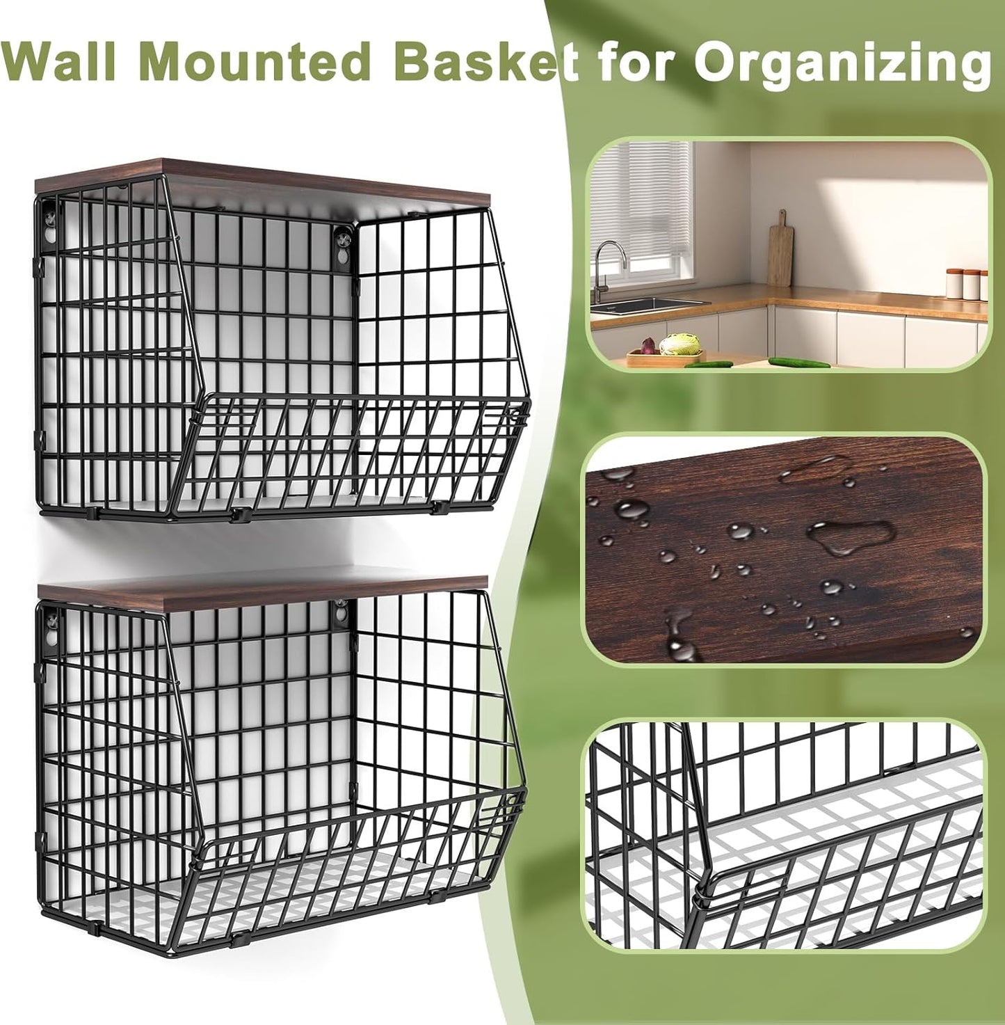 Dluxe Ave.  2 Tier Stackable Wall Mounted Hanging Wire Baskets with Wood Lid/ 4 Banana Hanger Hooks