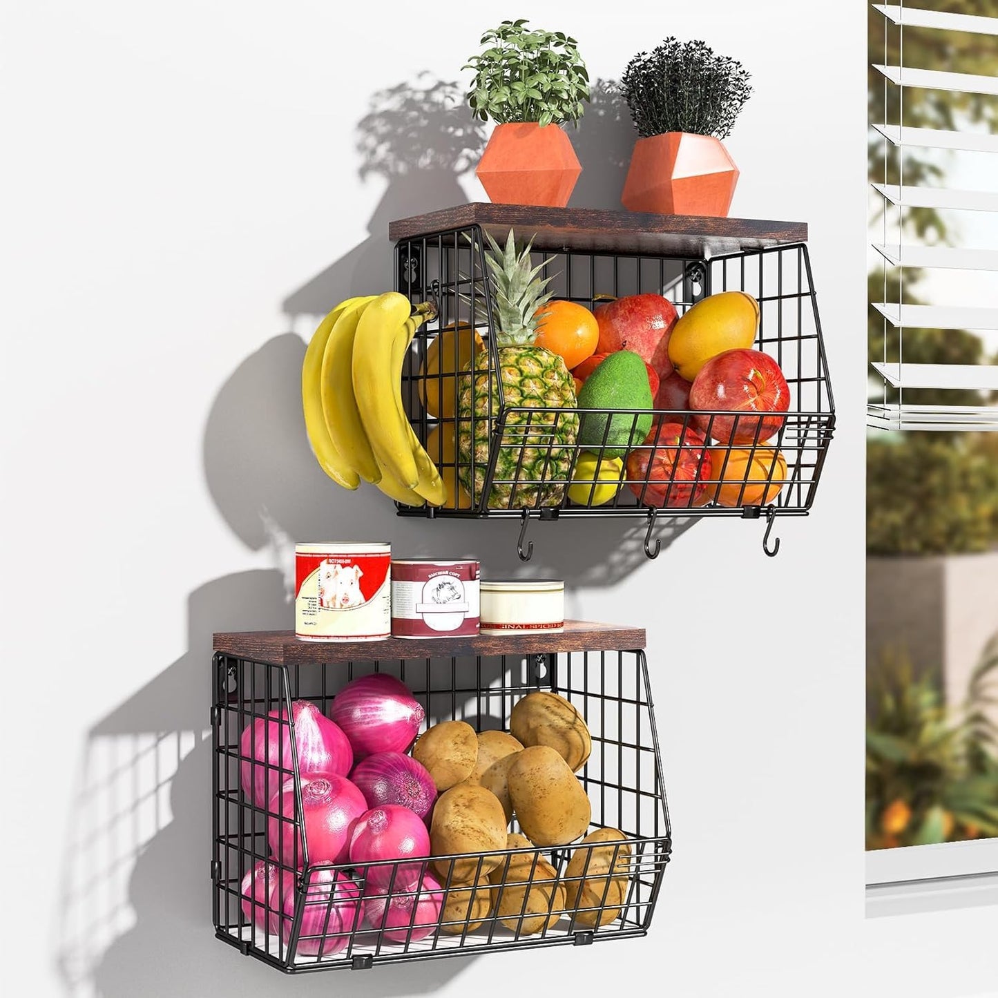 Dluxe Ave.  2 Tier Stackable Wall Mounted Hanging Wire Baskets with Wood Lid/ 4 Banana Hanger Hooks