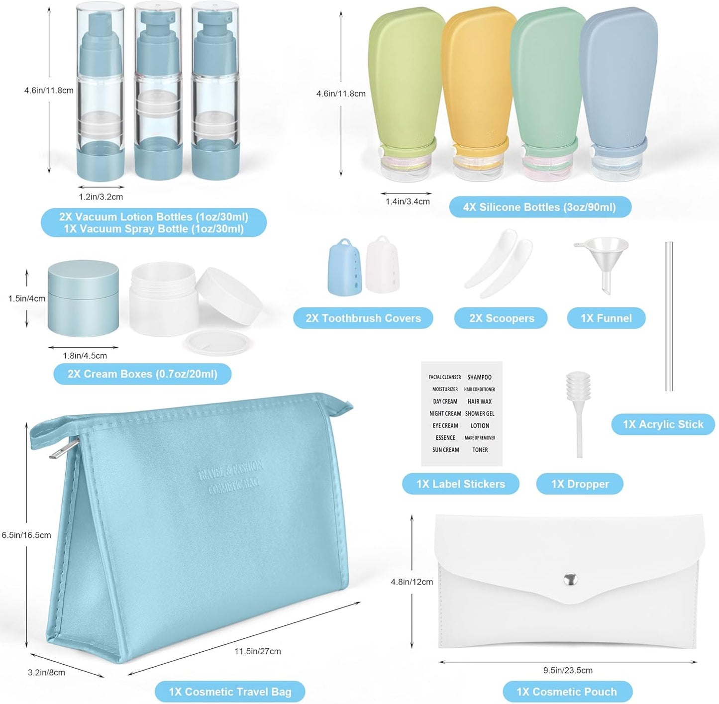 Dluxe Ave. 19 Pack Travel Bottles for Toiletries/ TSA Approved/ Refillable/ BPA Free