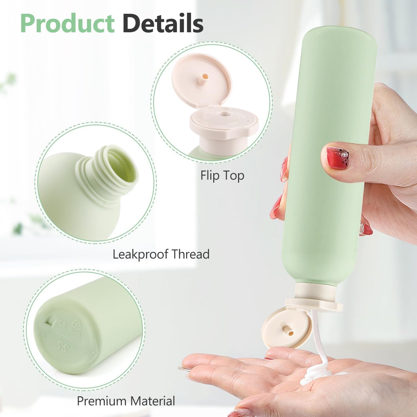 Dluxe Ave. 5 Pcs Plastic Travel Lotion Bottles/ Refillable Toiletries/ Sage Green