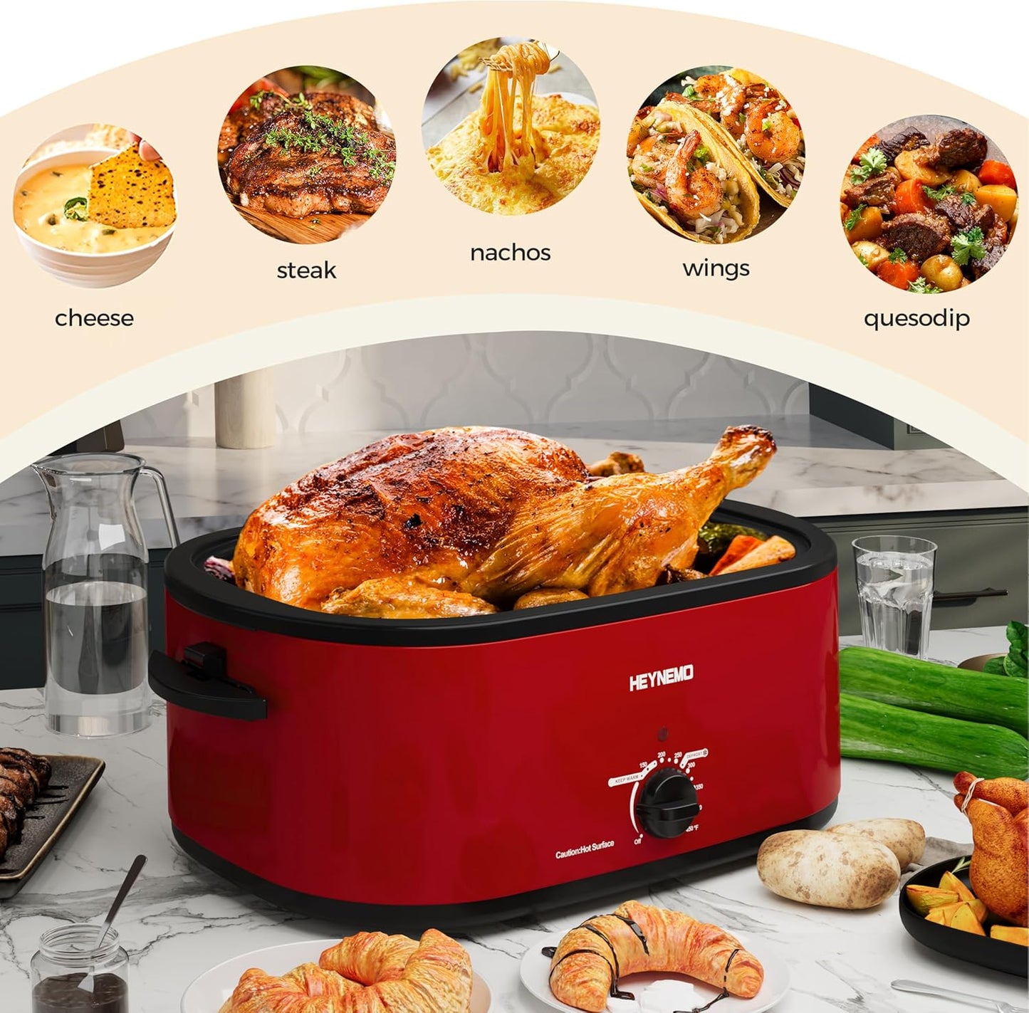 Dluxe Ave. 26 Quart Electric Roaster Oven with Visible & Self-Basting Lid, Stainless Steel, Red