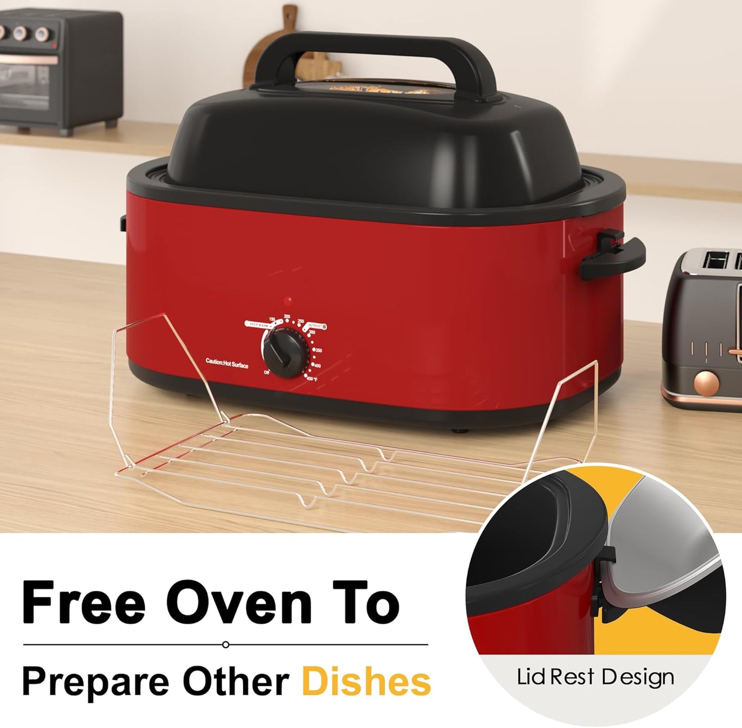 Dluxe Ave. 26 Quart Electric Roaster Oven with Visible & Self-Basting Lid, Stainless Steel, Red
