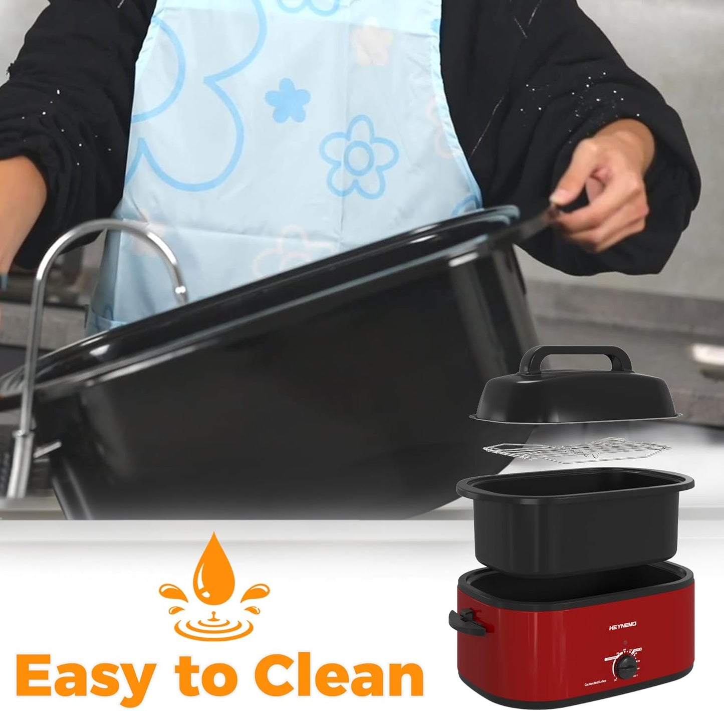 Dluxe Ave. 26 Quart Electric Roaster Oven with Visible & Self-Basting Lid, Stainless Steel, Red