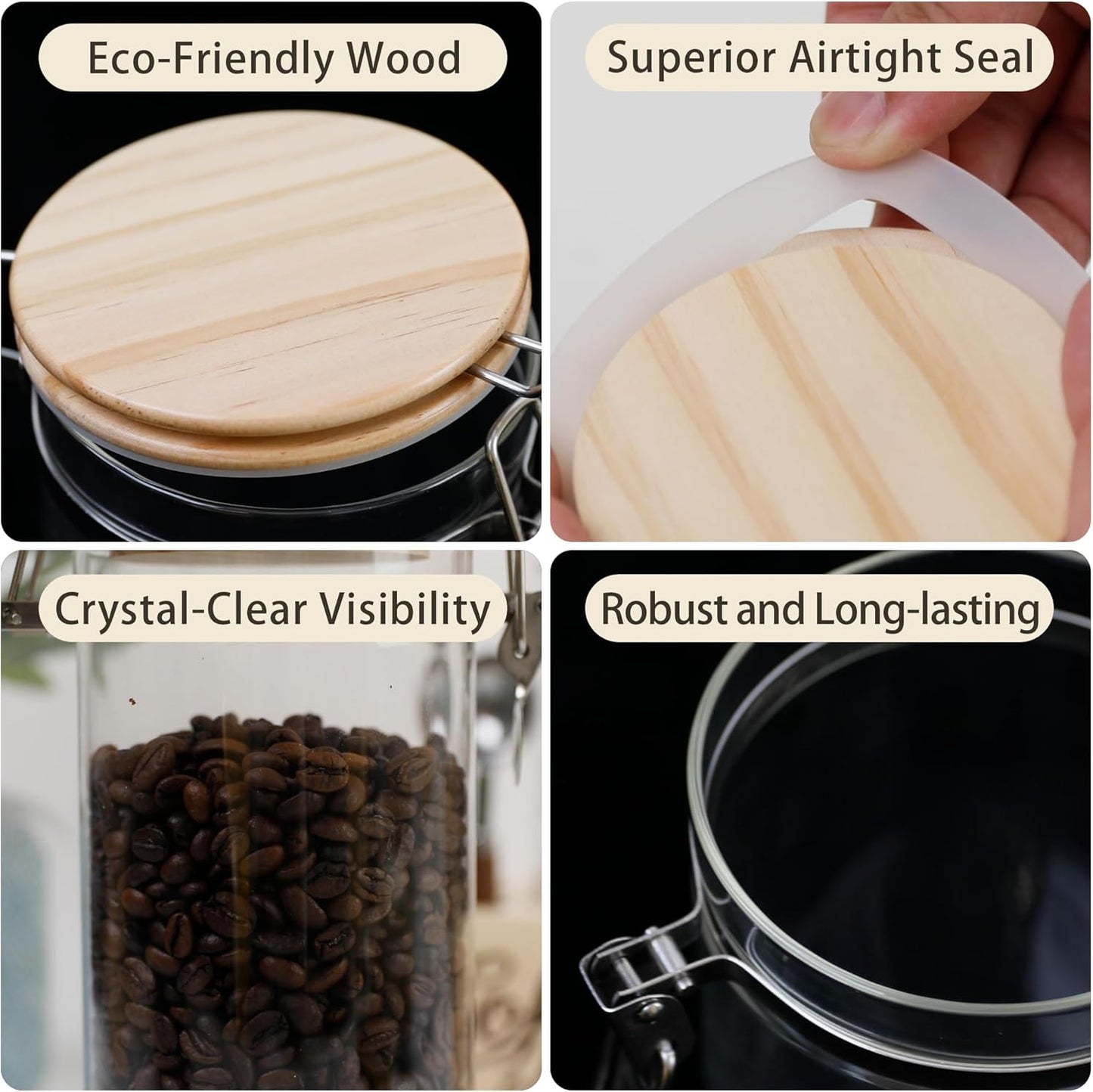 Dluxe Ave. EQEY Glass Storage Jars Set Elegant Containers with Airtight Bamboo Lids Perfect for Kitchen Organization - Flour Rice Pasta Sugar Coffee Beans Accessories Included (Coffee Jar x 2)