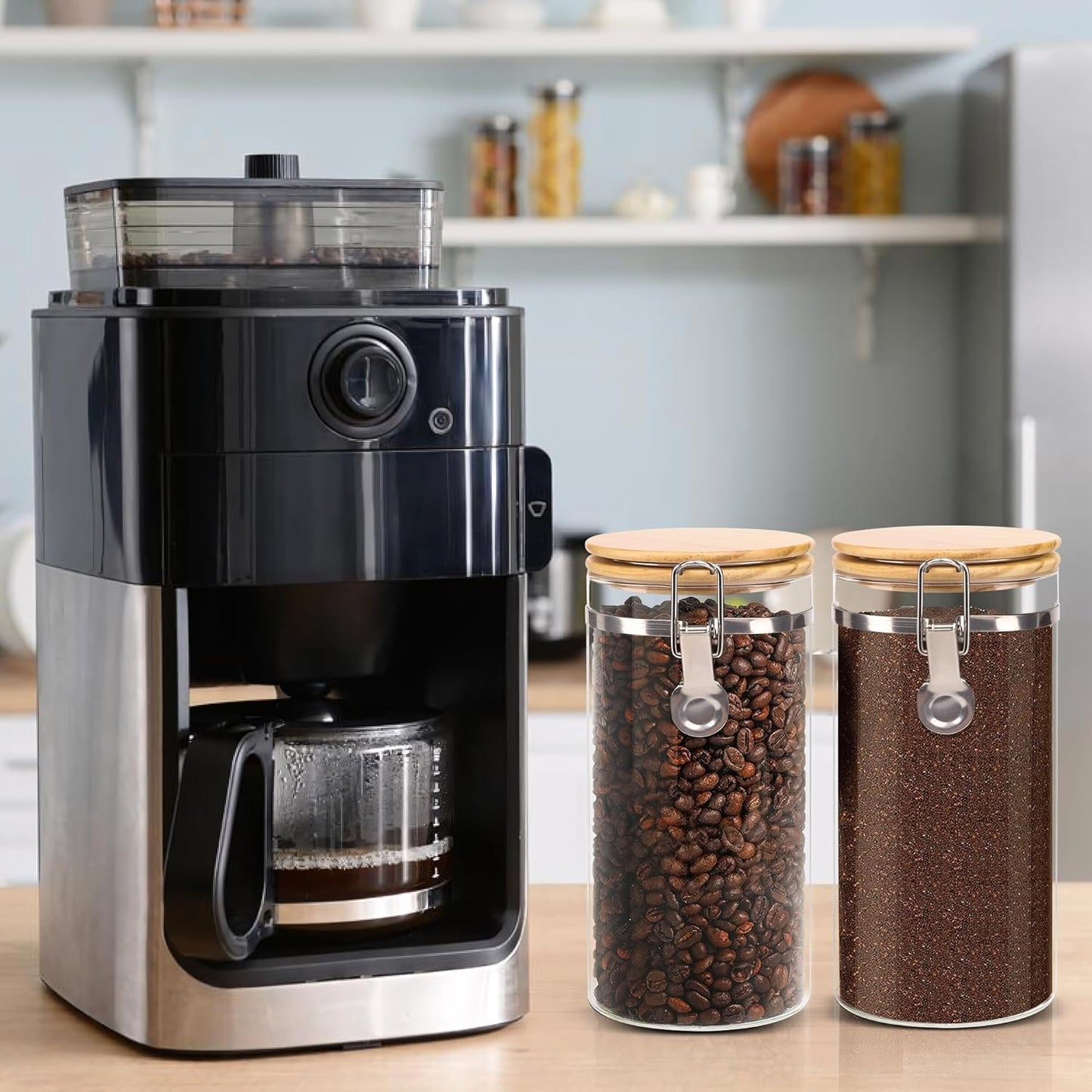 Dluxe Ave. EQEY Glass Storage Jars Set Elegant Containers with Airtight Bamboo Lids Perfect for Kitchen Organization - Flour Rice Pasta Sugar Coffee Beans Accessories Included (Coffee Jar x 2)