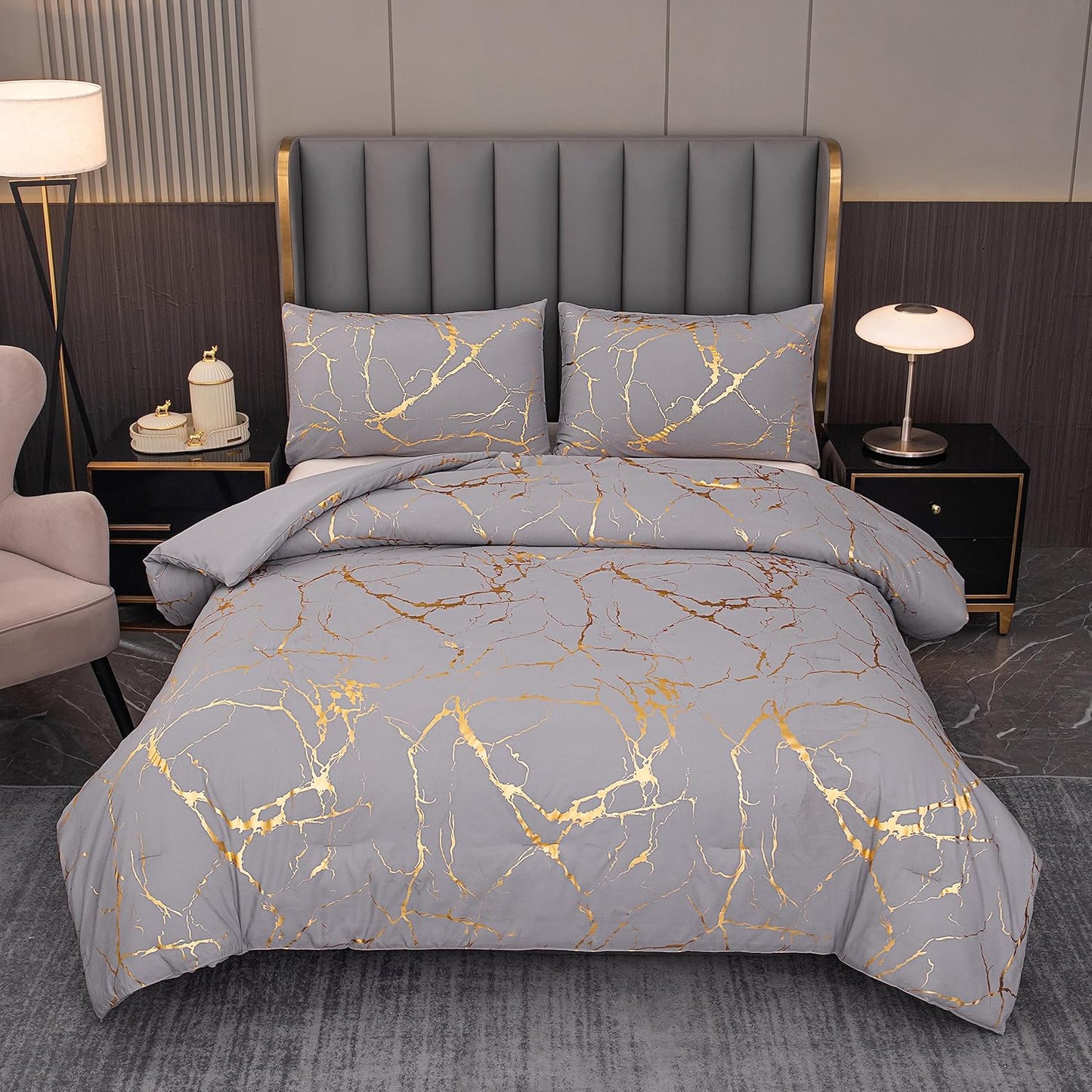 Dluxe Ave. ( KING ) 3 Pcs Comforter Bedding Set/ Grey & Gold Mable