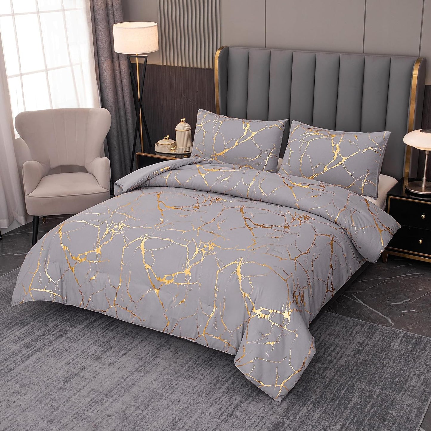 Dluxe Ave. ( KING ) 3 Pcs Comforter Bedding Set/ Grey & Gold Mable