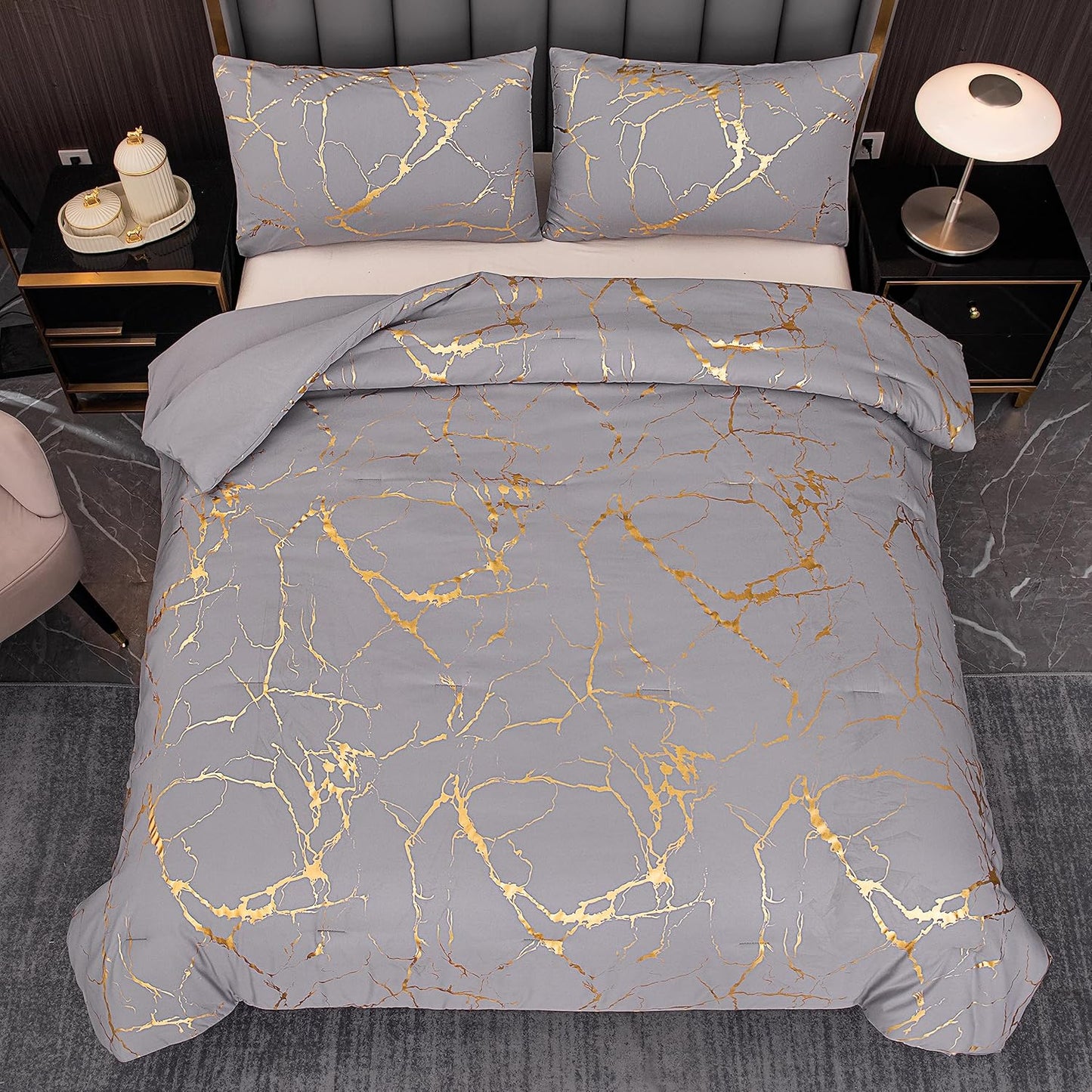 Dluxe Ave. ( KING ) 3 Pcs Comforter Bedding Set/ Grey & Gold Mable