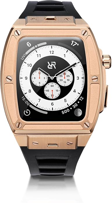 Dluxe Ave. RYUEUYA Luxury Stainless Steel Case Rubber Band for Apple Watch 44/45mm Quick Release Replacement Leather Bands for Series 9/8/7/6/5/SE IwatchR-BR