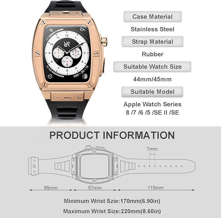 Dluxe Ave. RYUEUYA Luxury Stainless Steel Case Rubber Band for Apple Watch 44/45mm Quick Release Replacement Leather Bands for Series 9/8/7/6/5/SE IwatchR-BR