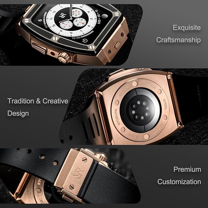 Dluxe Ave. RYUEUYA Luxury Stainless Steel Case Rubber Band for Apple Watch 44/45mm Quick Release Replacement Leather Bands for Series 9/8/7/6/5/SE IwatchR-BR