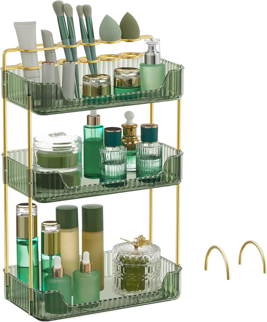 Dluxe Ave. SONGMICS Makeup Organizer 3-Tier Skincare Organizer Countertop Customizable 2 Types of Accessories Jewelry Holder for Vanity Bedroom Bathroom Pale Green UJKA013C01