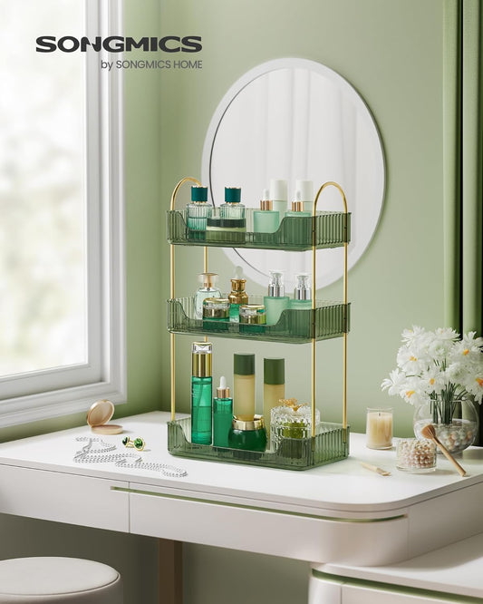 Dluxe Ave. SONGMICS Makeup Organizer 3-Tier Skincare Organizer Countertop Customizable 2 Types of Accessories Jewelry Holder for Vanity Bedroom Bathroom Pale Green UJKA013C01