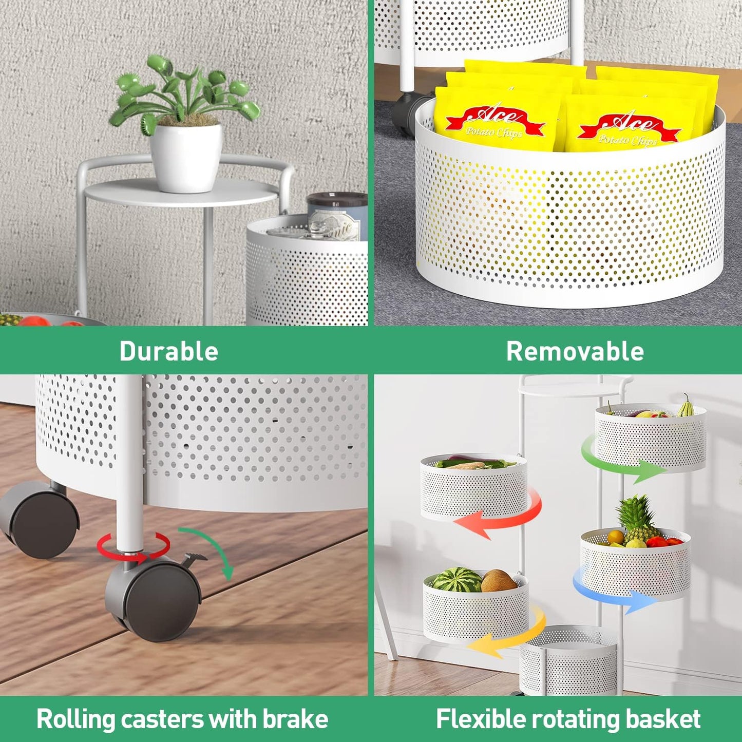 Dluxe Ave. Rotating Fruit Basket 5-Tier/ Metal Sturdy Kitchen Storage Rack (White)