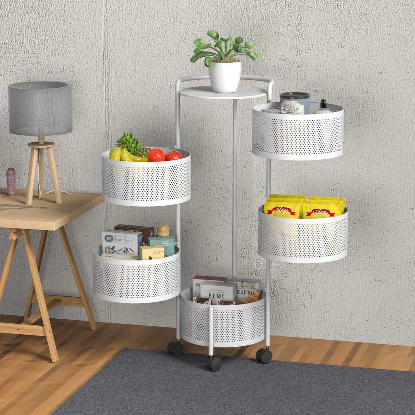 Dluxe Ave. Rotating Fruit Basket 5-Tier/ Metal Sturdy Kitchen Storage Rack (White)