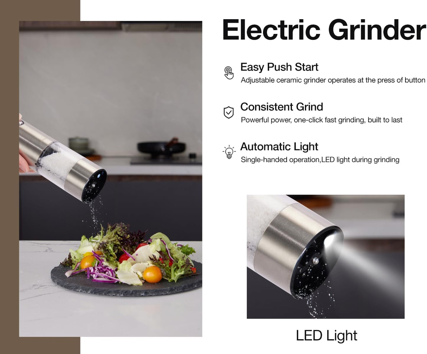 Dluxe Ave. Large Capacity Rechargeable Electric Salt and Pepper Grinder Set -USB Charging Port (Out of Stock)