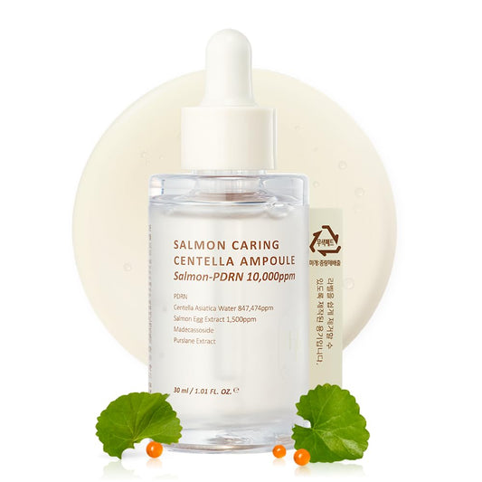 Dluxe Ave. HEVEBLUE Salmon Caring Centella Ampoule - Salmon PDRN Salmon Egg Extract Centella Madecassoside Calming Soothing Restore and Rejuvenate Damaged Skin Low Irritation Korean Skincare