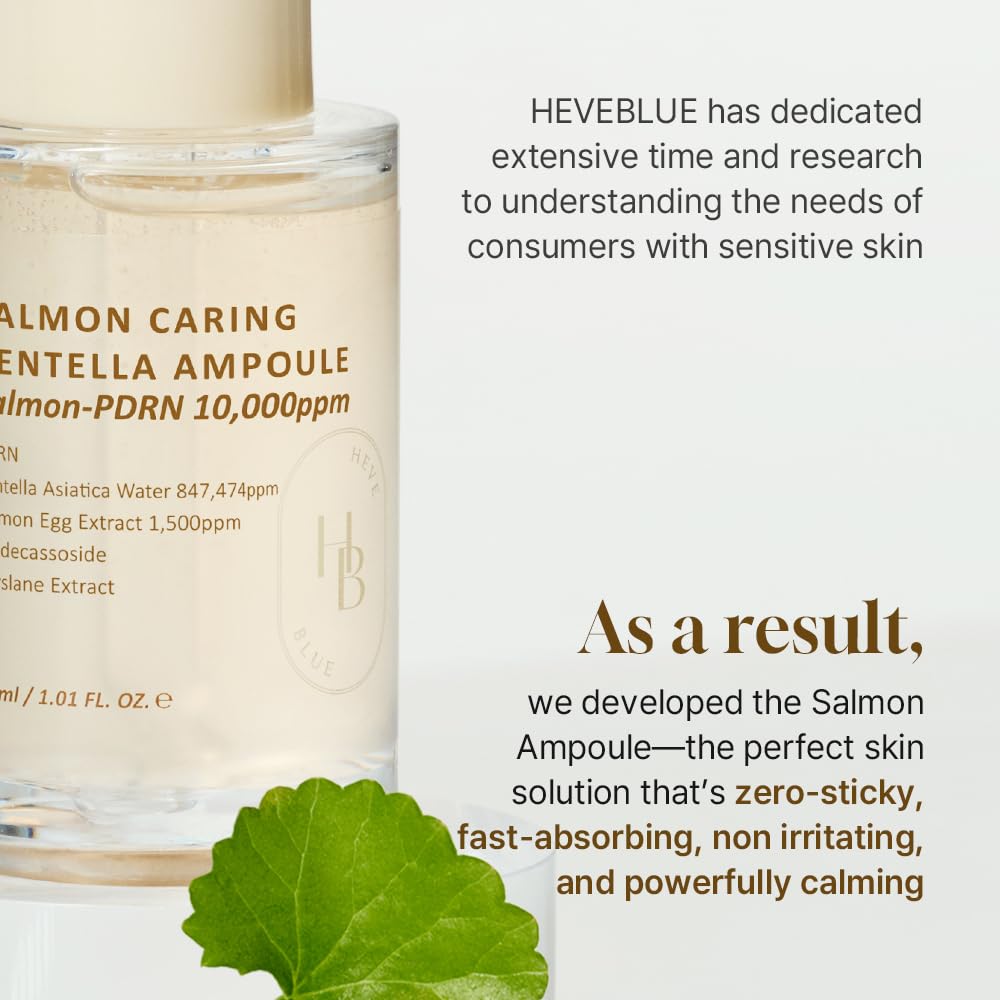 Dluxe Ave. HEVEBLUE Salmon Caring Centella Ampoule - Salmon PDRN Salmon Egg Extract Centella Madecassoside Calming Soothing Restore and Rejuvenate Damaged Skin Low Irritation Korean Skincare