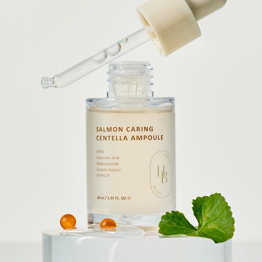 Dluxe Ave. HEVEBLUE Salmon Caring Centella Ampoule - Salmon PDRN Salmon Egg Extract Centella Madecassoside Calming Soothing Restore and Rejuvenate Damaged Skin Low Irritation Korean Skincare