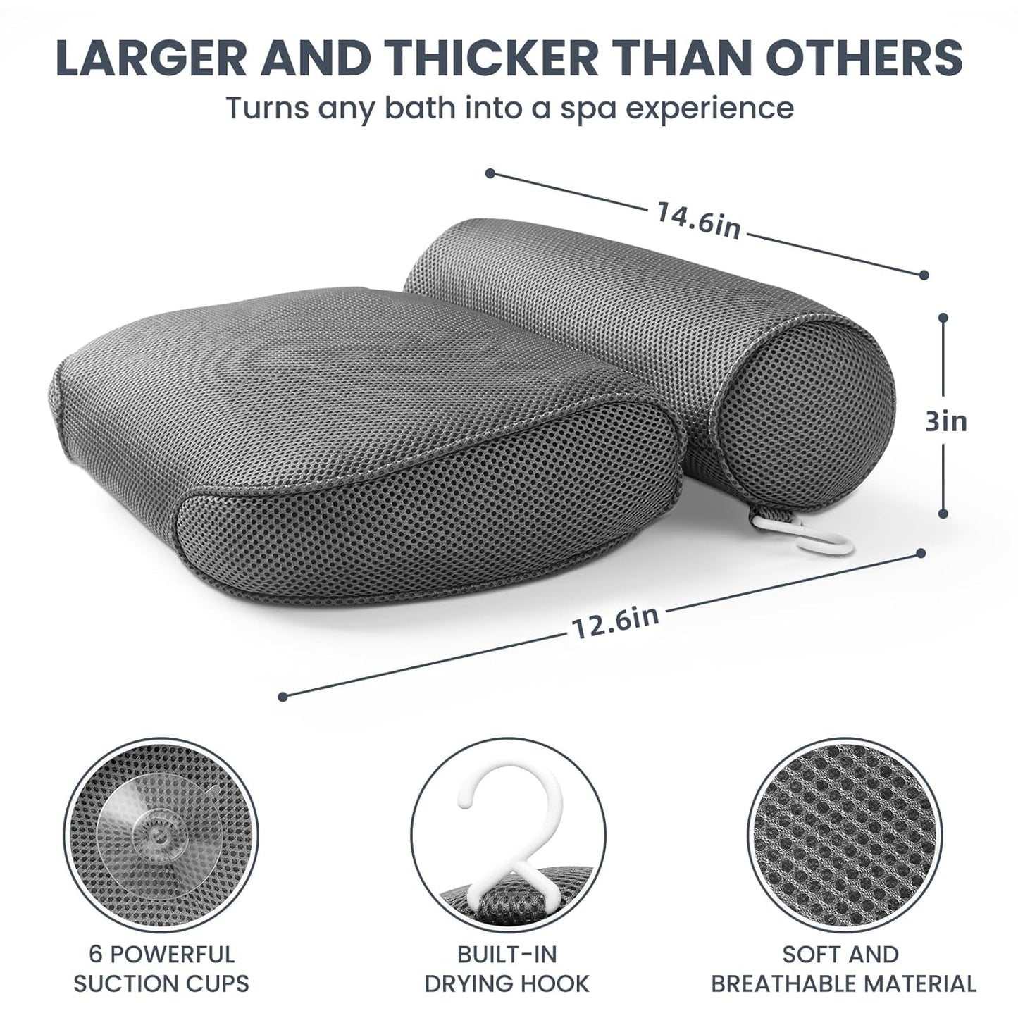 Dluxe Ave. LuxStep Bath Pillow Bathtub Pillow with 6 Non-Slip Suction Cups for HeadNeck and Back Support Extra Thick and Soft Air Mesh Spa Pillow for Bath - Fits All Bathtub 15.35x14.56 InchGrey