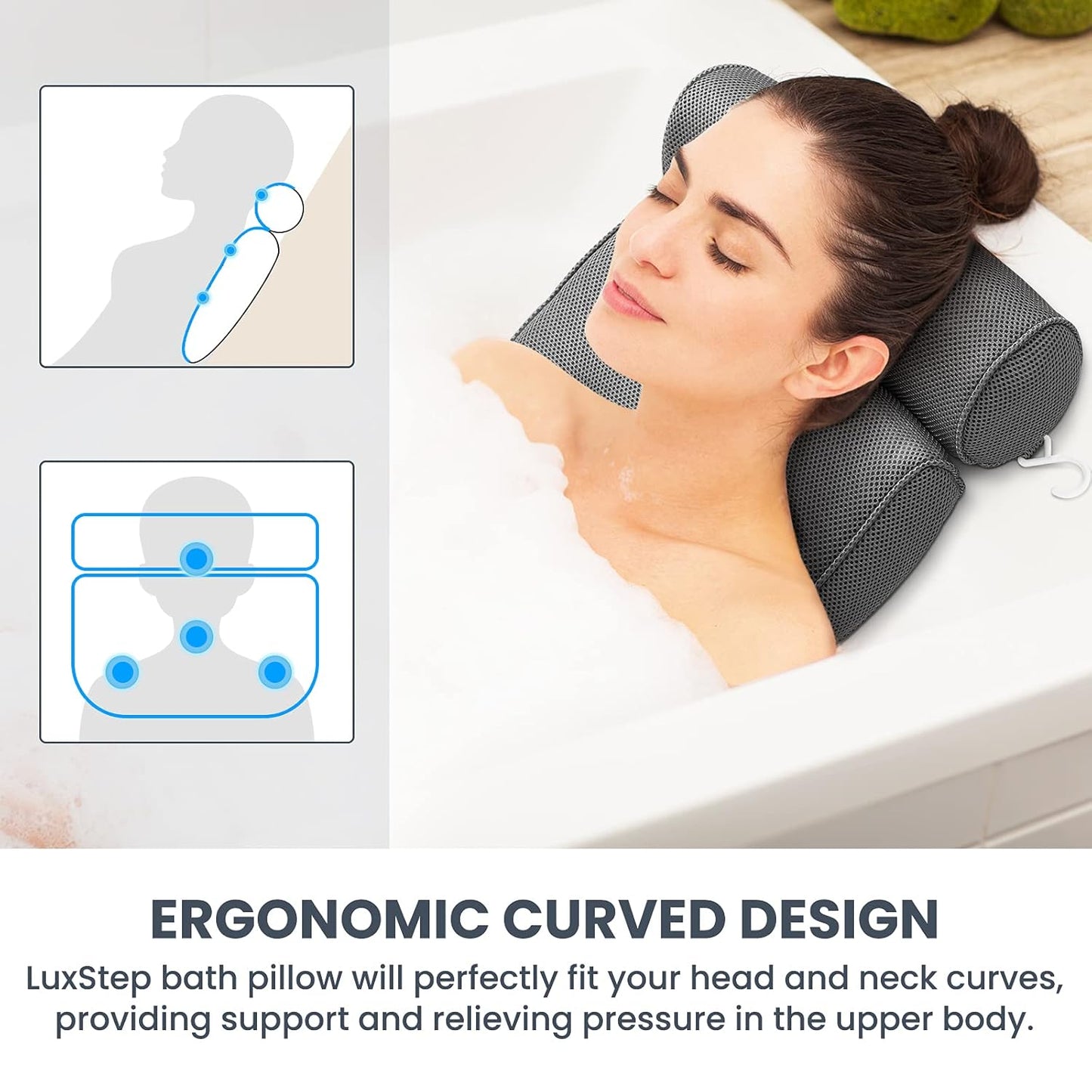 Dluxe Ave. LuxStep Bath Pillow Bathtub Pillow with 6 Non-Slip Suction Cups for HeadNeck and Back Support Extra Thick and Soft Air Mesh Spa Pillow for Bath - Fits All Bathtub 15.35x14.56 InchGrey