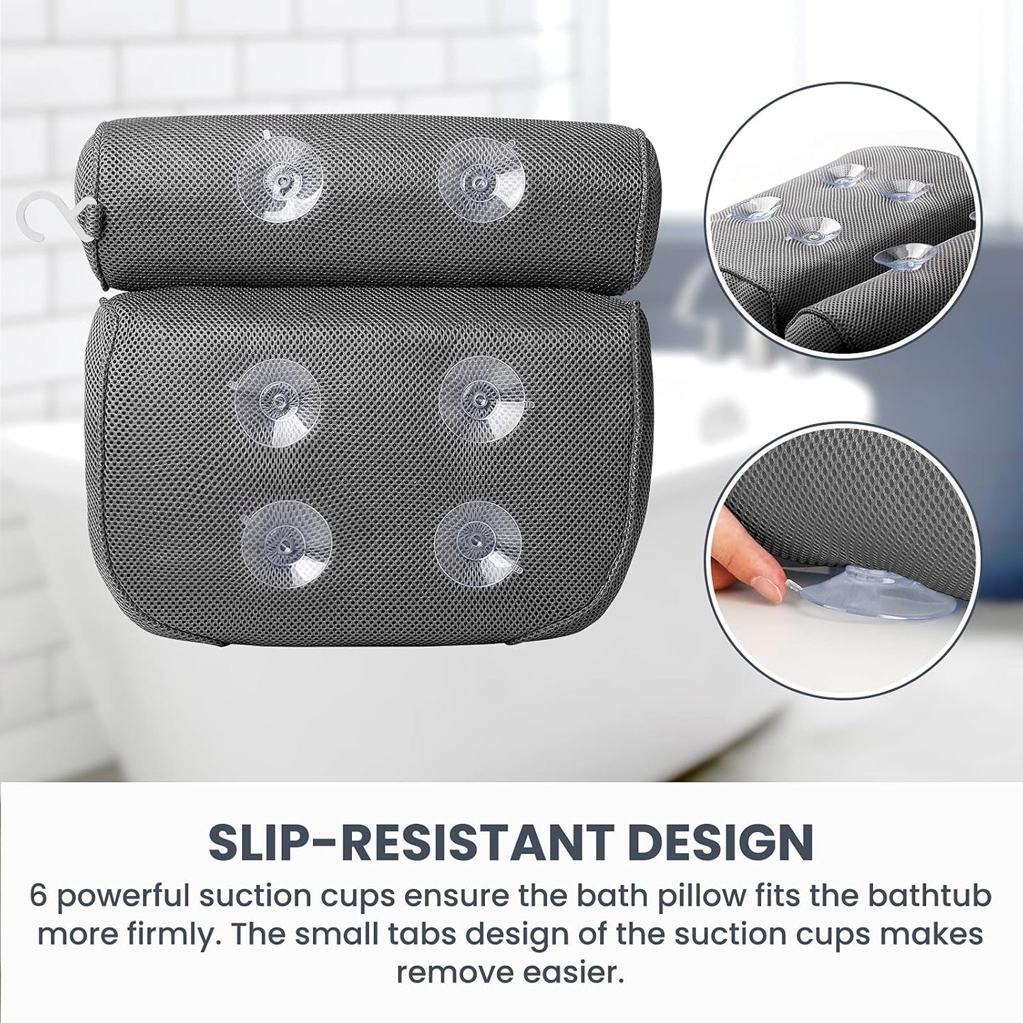 Dluxe Ave. LuxStep Bath Pillow Bathtub Pillow with 6 Non-Slip Suction Cups for HeadNeck and Back Support Extra Thick and Soft Air Mesh Spa Pillow for Bath - Fits All Bathtub 15.35x14.56 InchGrey
