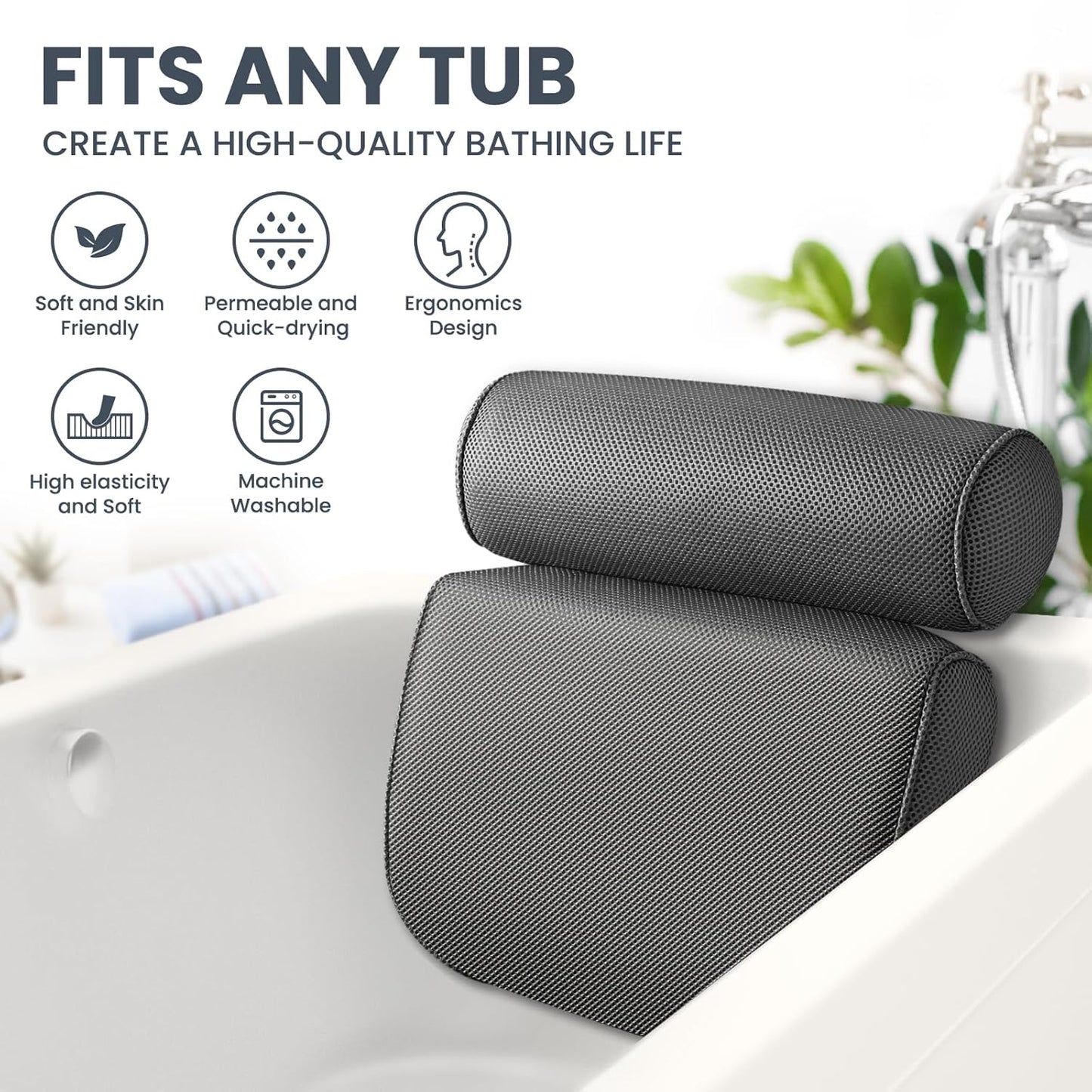 Dluxe Ave. LuxStep Bath Pillow Bathtub Pillow with 6 Non-Slip Suction Cups for HeadNeck and Back Support Extra Thick and Soft Air Mesh Spa Pillow for Bath - Fits All Bathtub 15.35x14.56 InchGrey
