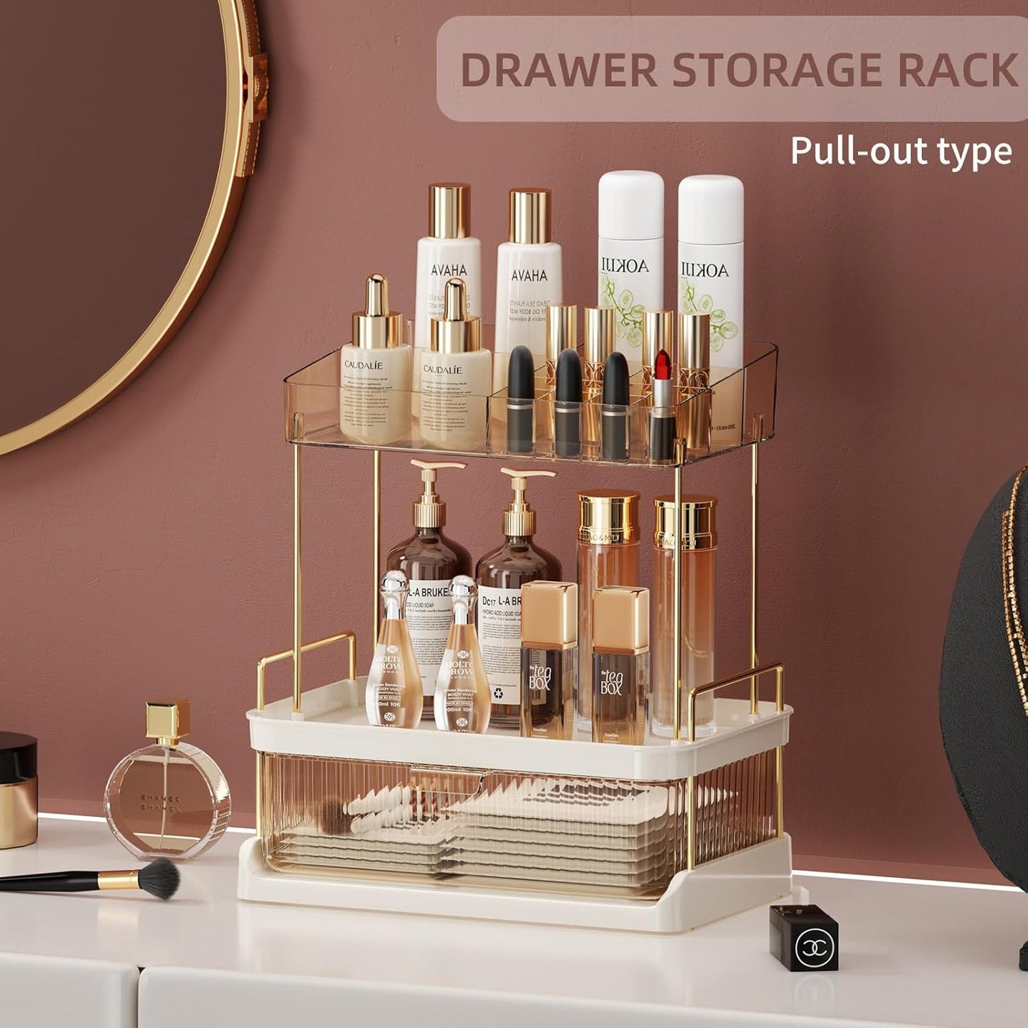 Dluxe Ave. YCIA&DONE 2 Tiers Bathroom Counter Organizer with DrawerLarge Capacity Vanity OrganizerMulti Makeup Organizer CountertopPerfume OrganizerSkincare Organizers (Amber Gold)