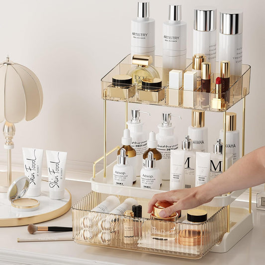 Dluxe Ave.  2 Tiers Bathroom Counter Organizer with Drawer/Large Capacity / Amber Gold