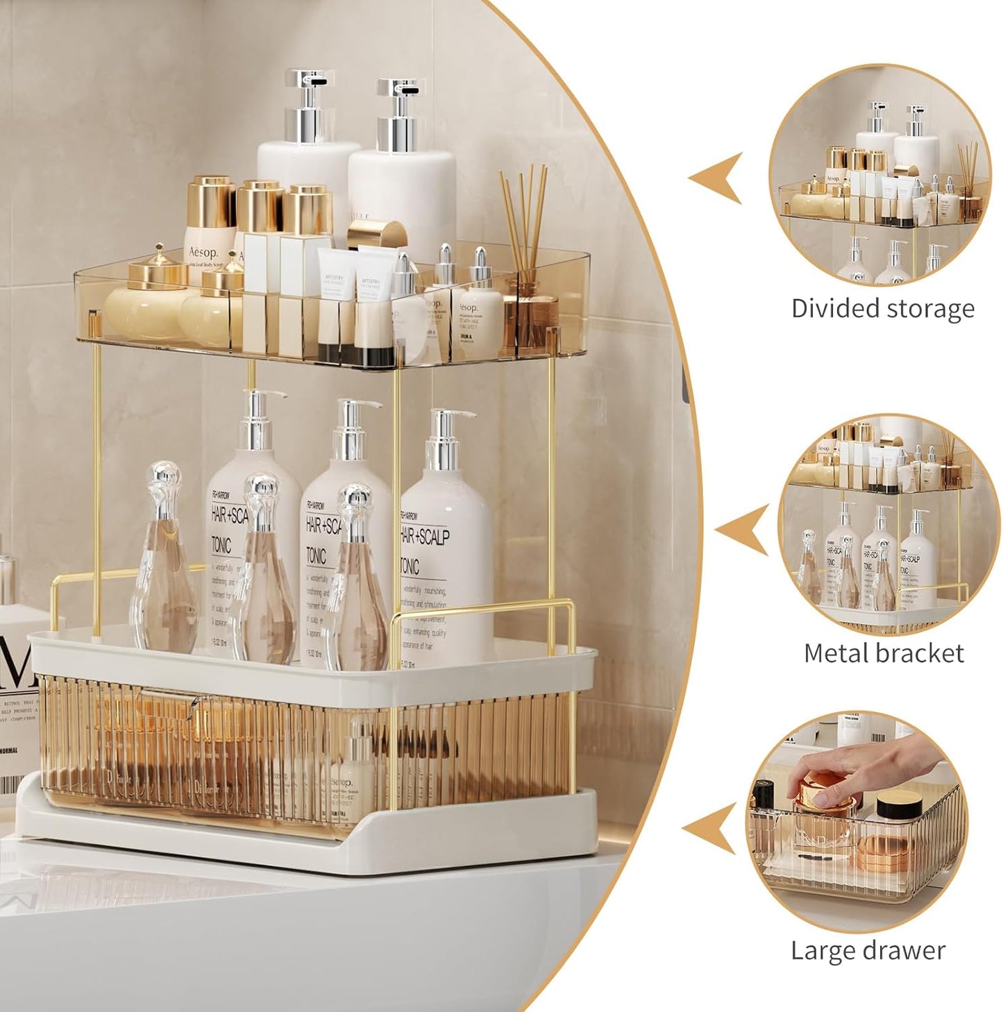 Dluxe Ave. YCIA&DONE 2 Tiers Bathroom Counter Organizer with DrawerLarge Capacity Vanity OrganizerMulti Makeup Organizer CountertopPerfume OrganizerSkincare Organizers (Amber Gold)