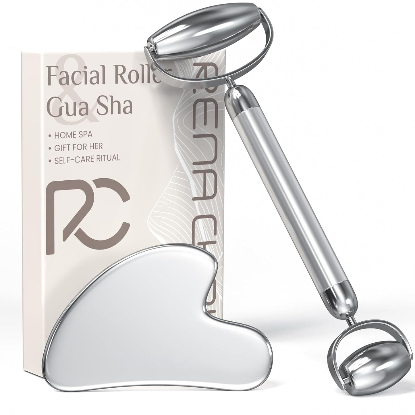 Dluxe Ave. Rena Chris Face Roller & Gua Sha Set Stainless Steel Massage Tools for Jawline Sculpting and Puffiness Reducing Beauty & Skincare